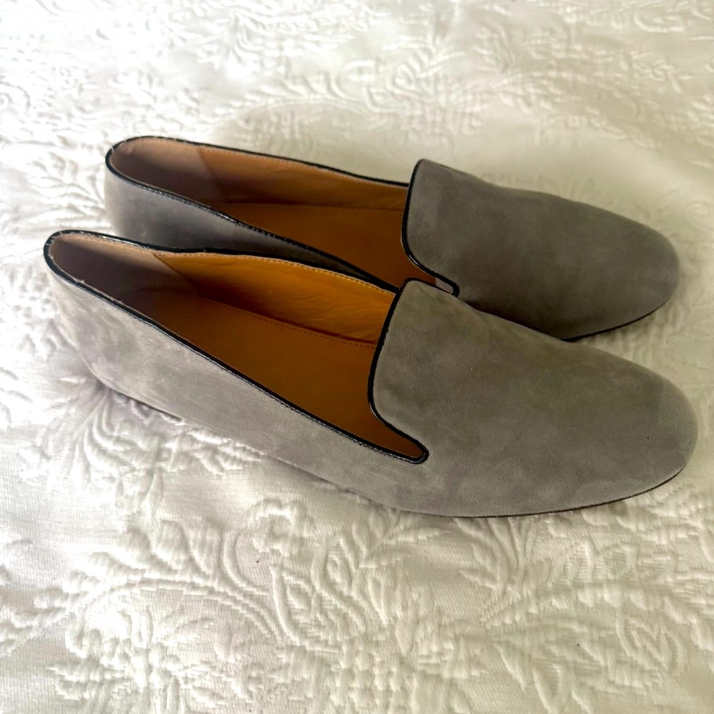 J Crew Gray Suede Flat Slip on with Black Piping. Size 10
